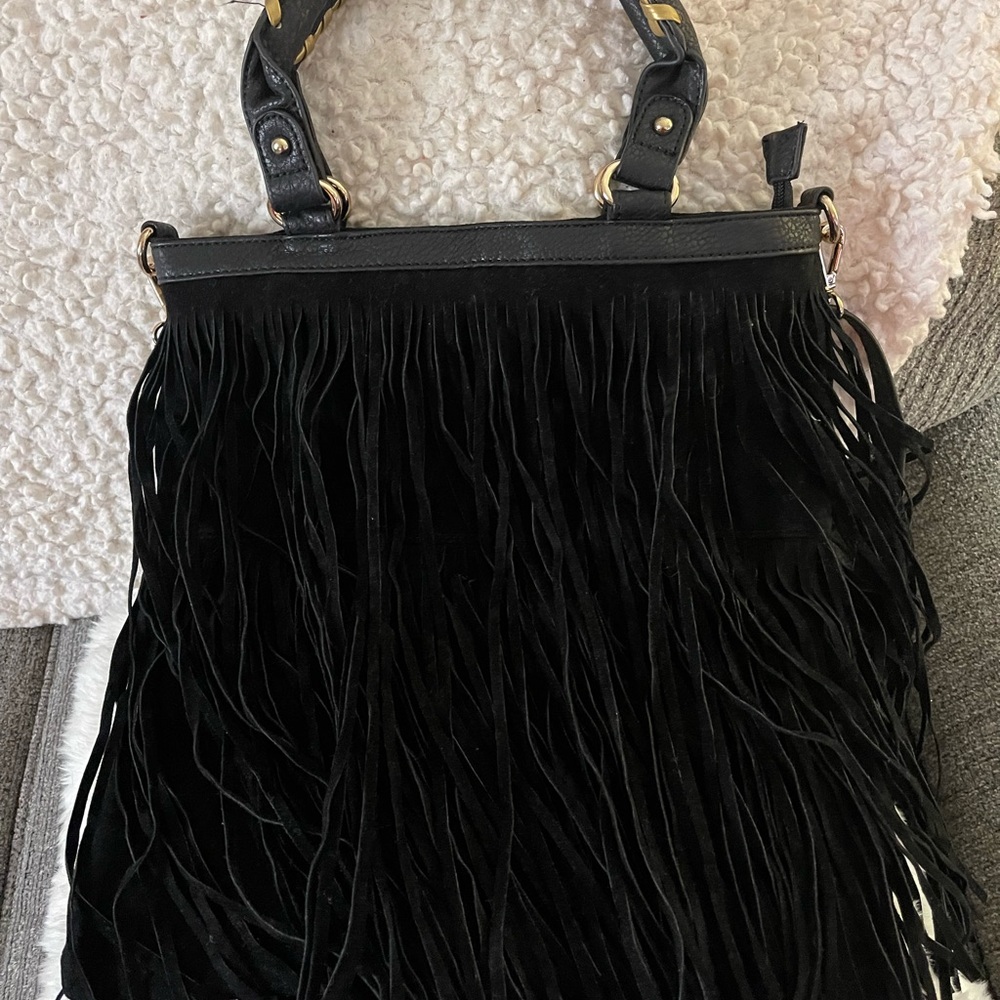 Elegant Black Fringe Shoulder Bag with Textured Strap large size